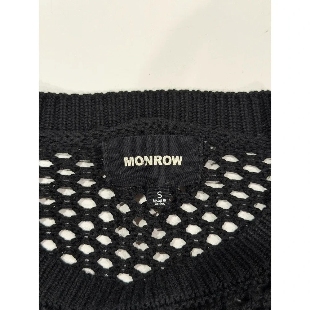 Monrow Black Open Knit Mesh Crewneck Sweater Cotton Modal Blend Small